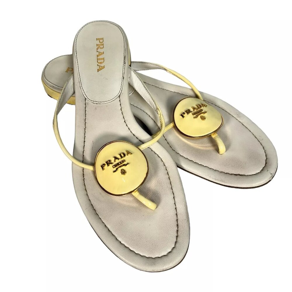 Prada Cream Enamel Logo Plaque Leather Flip Flop Sandals Size EU 40 Womens - Picture 6 of 16